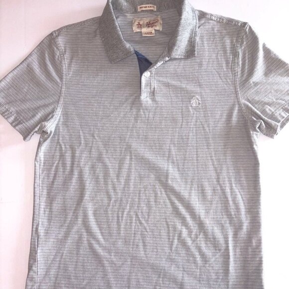 Original Penguin Heritage Slim Fit Short Sleeve Polo Gray White Stripe S - Picture 1 of 9